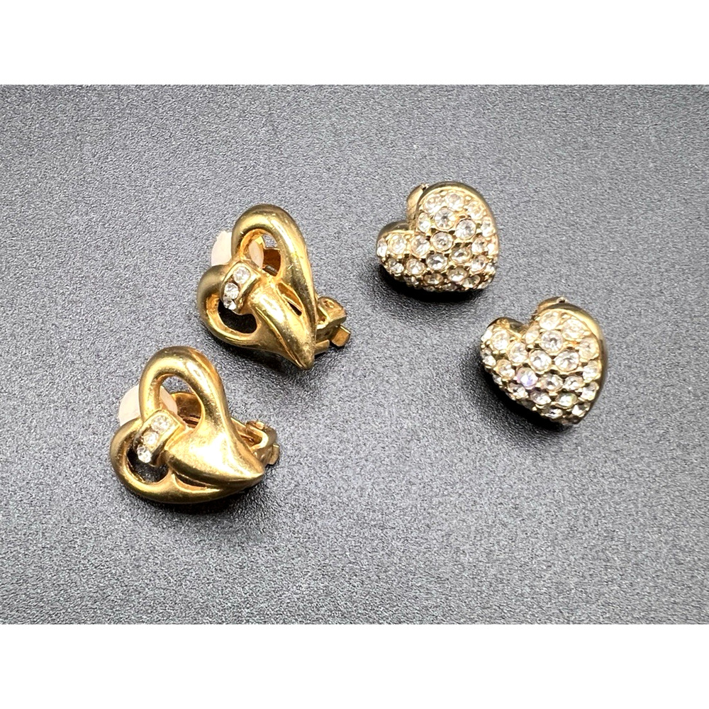 Lot 2 Prs Vintage 1980s Rhinestone Crystal HEART Brass Plated Clip-on Earrings